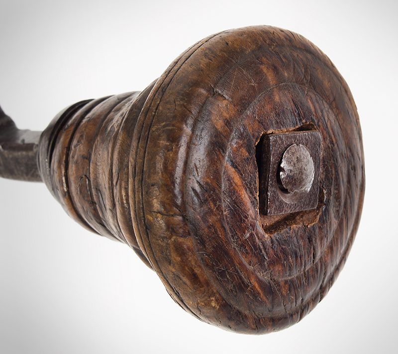 Bit Brace, An Ancient Piercer or Wimble, Burlwood Handle and Spoon Bit, detail view