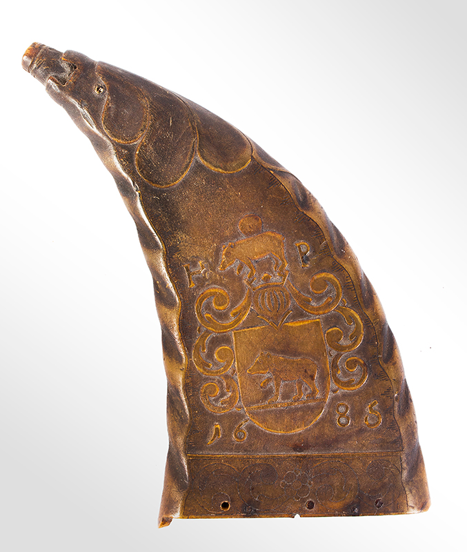 Powder Flask, Folk Art Carved and Engraved, Flattened, Dated 1685 Likely Germany, side 1 view