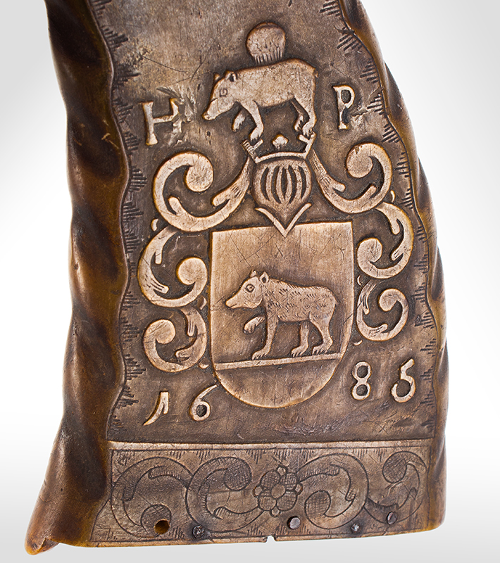 Powder Flask, Folk Art Carved and Engraved, Flattened, Dated 1685 Likely Germany, detail view