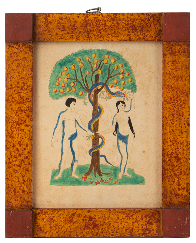 Allegorical Watercolor, Adam and Eve in Garden of Eden, Folk Art, Apple Tree and Snake American School, entire view