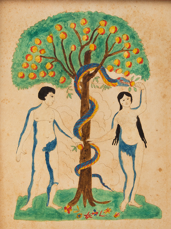 Allegorical Watercolor, Adam and Eve in Garden of Eden, Folk Art, Apple Tree and Snake American School, entire view 2