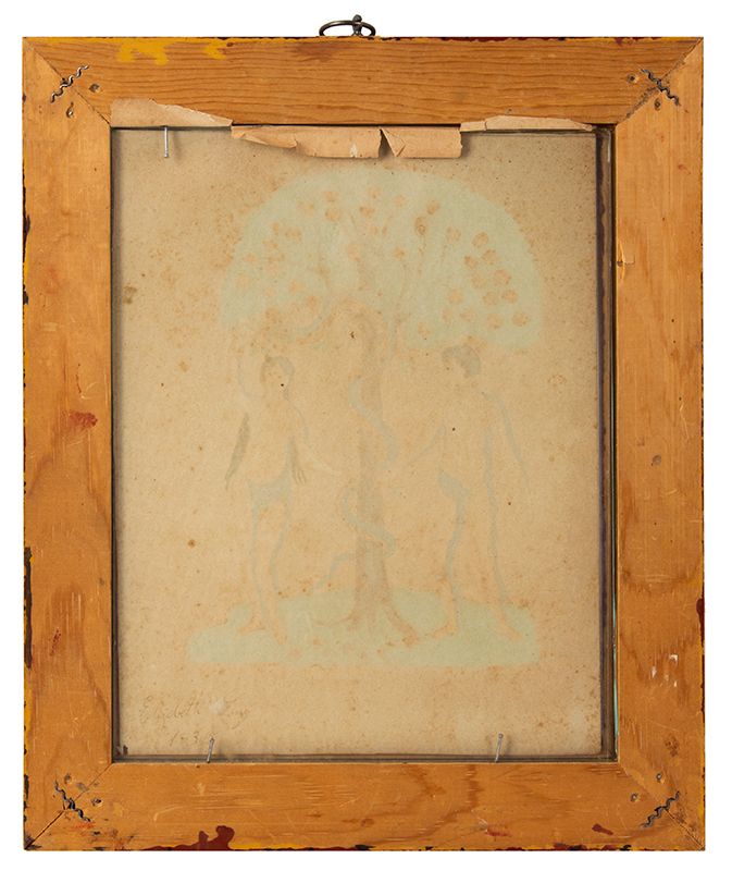 Allegorical Watercolor, Adam and Eve in Garden of Eden, Folk Art, Apple Tree and Snake American School, back view