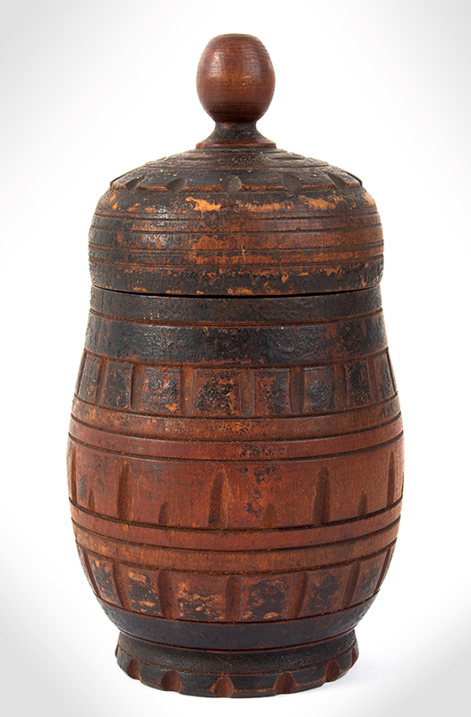 Box, Treen Tobacco Jar, Carved & Incised, Original Paint, Pennsylvania, entire view