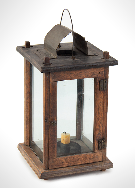 Early American Candle Lantern, Wood Frame, Glazed, Tin Socket & Drip Pan, entire view 1