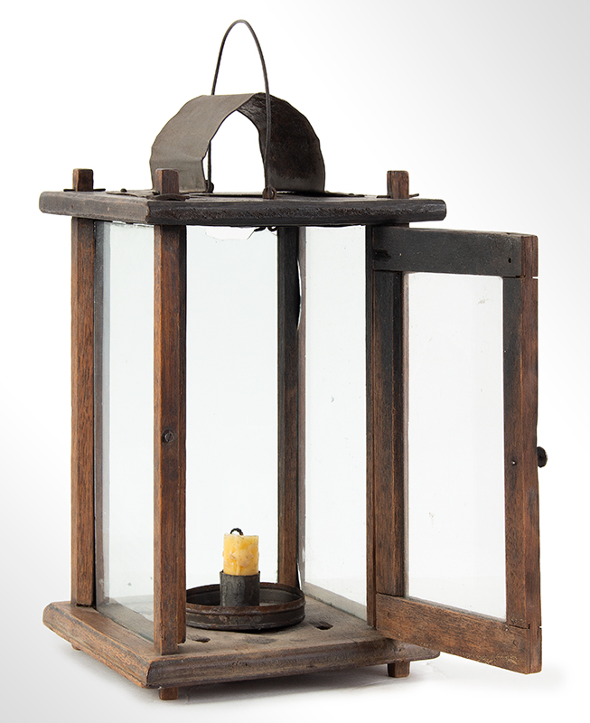 Early American Candle Lantern, Wood Frame, Glazed, Tin Socket & Drip Pan, entire view 3