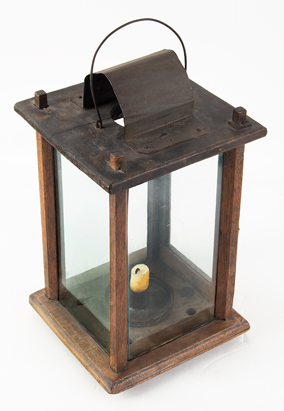 Early American Candle Lantern, Wood Frame, Glazed, Tin Socket & Drip Pan, entire view 4