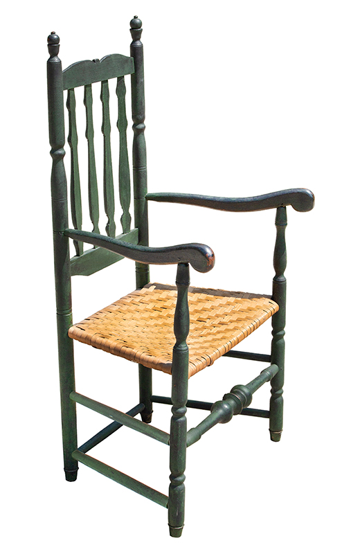 New England Banister Back Armchair, William & Mary, Great Green Paint Likely Connecticut River Valley, entire view 2