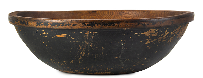 Large Antique Bowl, Raised Rim, Treenware, Old Paint, Image 1