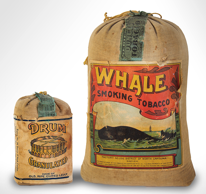 Advertising, Whale Smoking Tobacco & Drum Granulated Tobacco Pouches ''Whale Smoking Tobacco'' Above View of a Whale and a Ship in the Distance. …And a Drum Granulated Soft Pack [Never opened], entire view