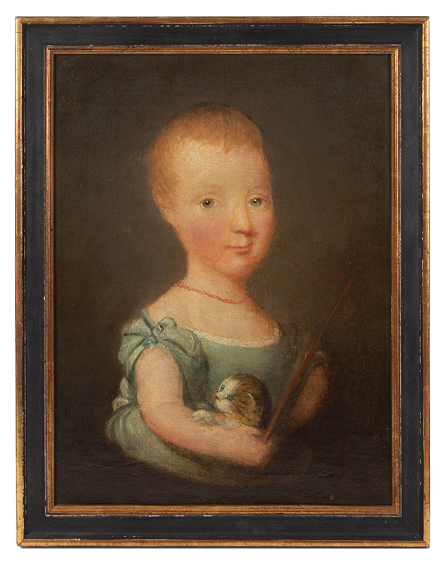 Folk Art Portrait, Child in Blue Dress Holding Adorable Kitten