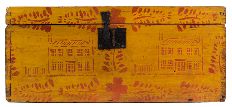 Yellow-painted and Red-stenciled Lift-top Box, New England, entire view 2