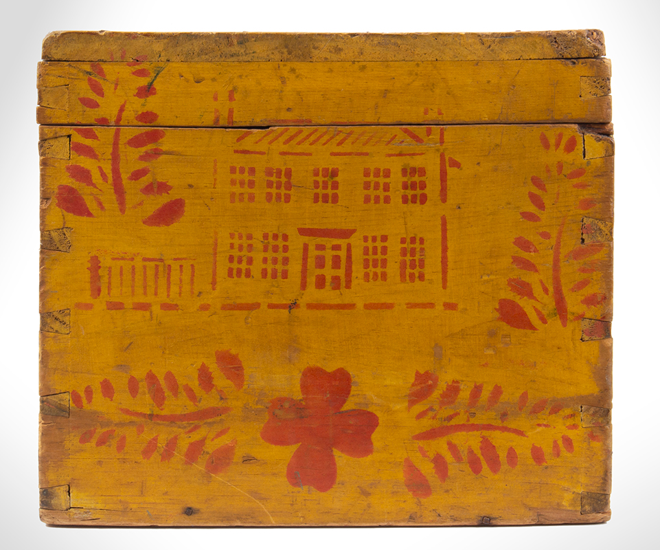 Yellow-painted and Red-stenciled Lift-top Box, New England, entire view 4
