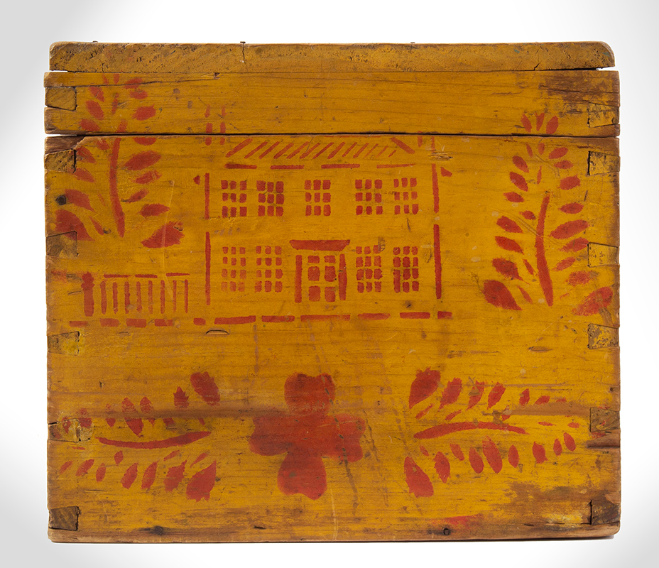 Yellow-painted and Red-stenciled Lift-top Box, New England, entire view 5