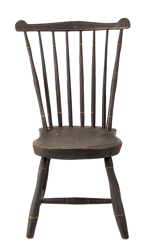 19th Century Youths Windsor Fan-Back Side Chair, Historic Surface
New England, circa 1810
Seat carved of Northeastern white pine, early brown over green over red paint, entire view 3