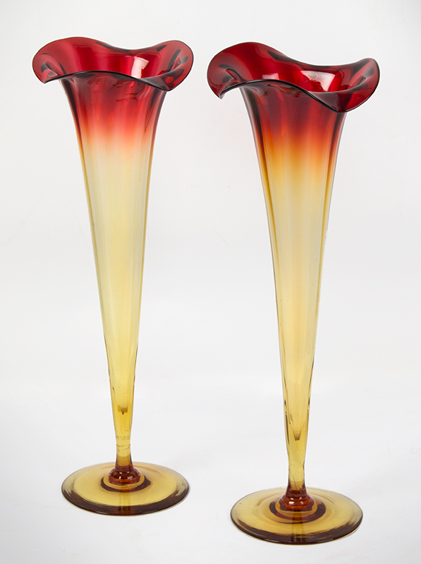 Amberina Ribbed Lilly Vases, Pair, Possibly Mt. Washington Glass Company, entire view