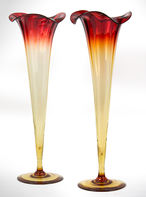 Amberina Ribbed Lilly Vases, Pair, Possibly Mt. Washington Glass Company, entire view 2