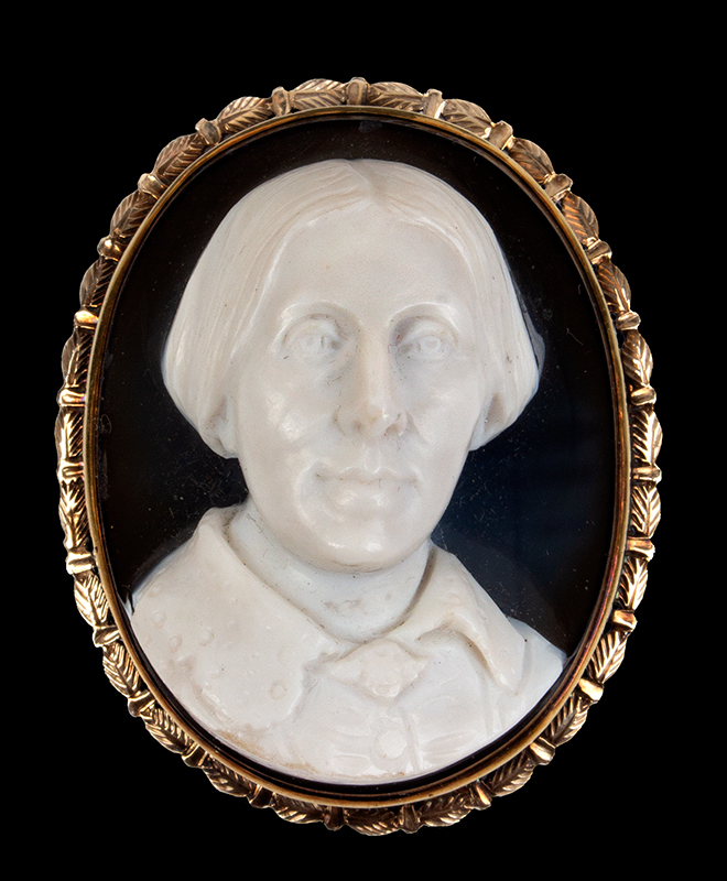 Cameo Pin, Susan B. Anthony, Signed verso: Jules Le Brethon 1871 Jules Le Brethon, French/American New Orleans/New York, NY, entire view