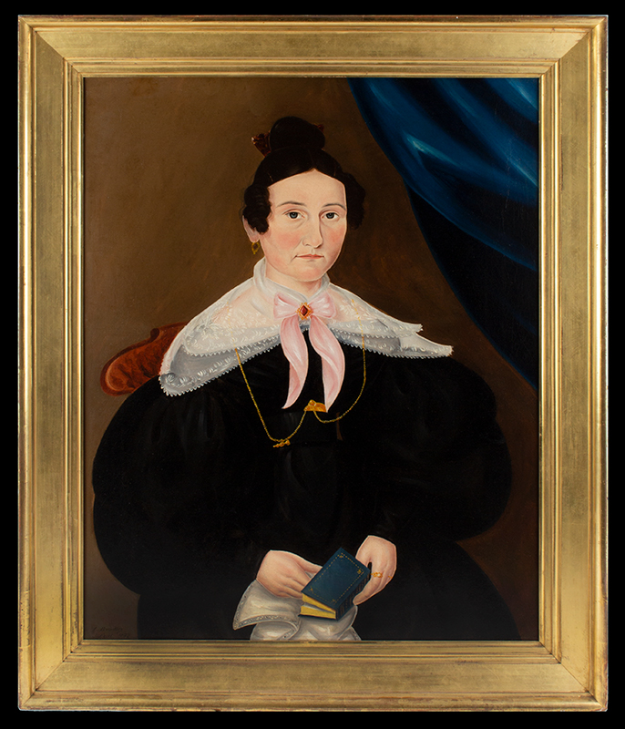 I. Bradley, Portrait of a Lady Wearing Puffy Sleeves Holding Blue Book Signed dated and inscribed (at lower left), I Bradley / Fecit 1837, Image 1