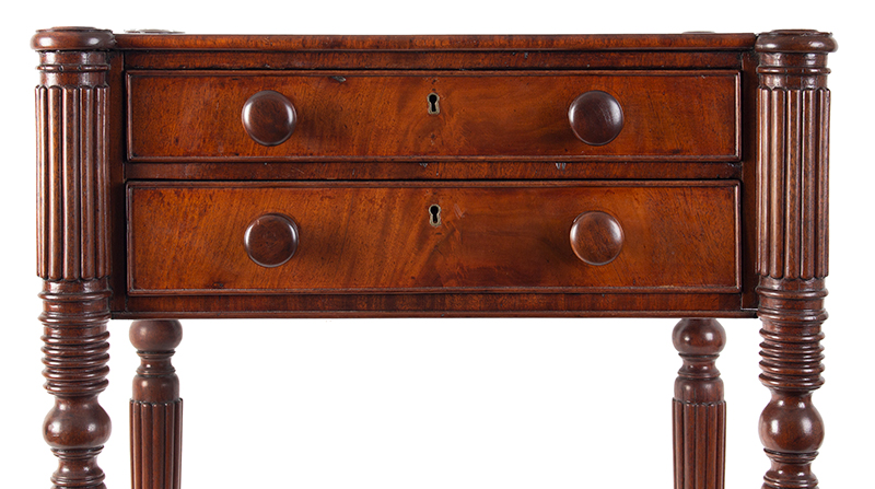High Quality Sheraton Worktable, Outset Corners, Reeded Legs Boston or North Shore of Massachusetts, detail view 1