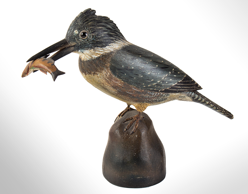 Elmer Crowell, Male Kingfisher Poised on Rock, East Harwich, Massachusetts Full Size Decorative Mantel Carving, Crowell (Anthony Elmer), 1862-1952 Base Displays Stamp of Joseph French Collection. [J.B. FRENCH], entire view