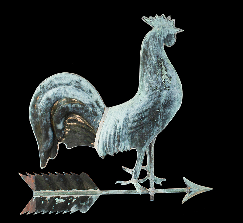 Weathervane, Rooster, Full Bodied, Honest Verdigris Surface, entire view