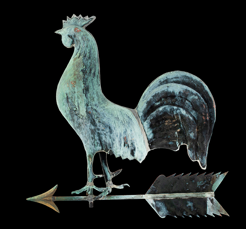 Weathervane, Rooster, Full Bodied, Honest Verdigris Surface, entire view 2