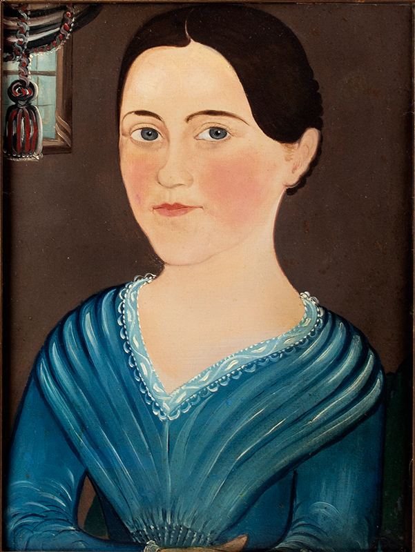 Folk Art Portrait, Susan in a Blue Dress, Attributed to George Hartwell, Prior-Hamblin School George Hartwell (Massachusetts, 1815-1901), detail view