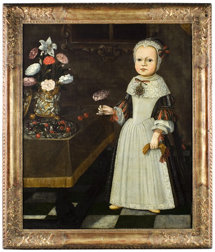 Old Master Painting, Full Length Portrait of Little Girl Holding a Flower