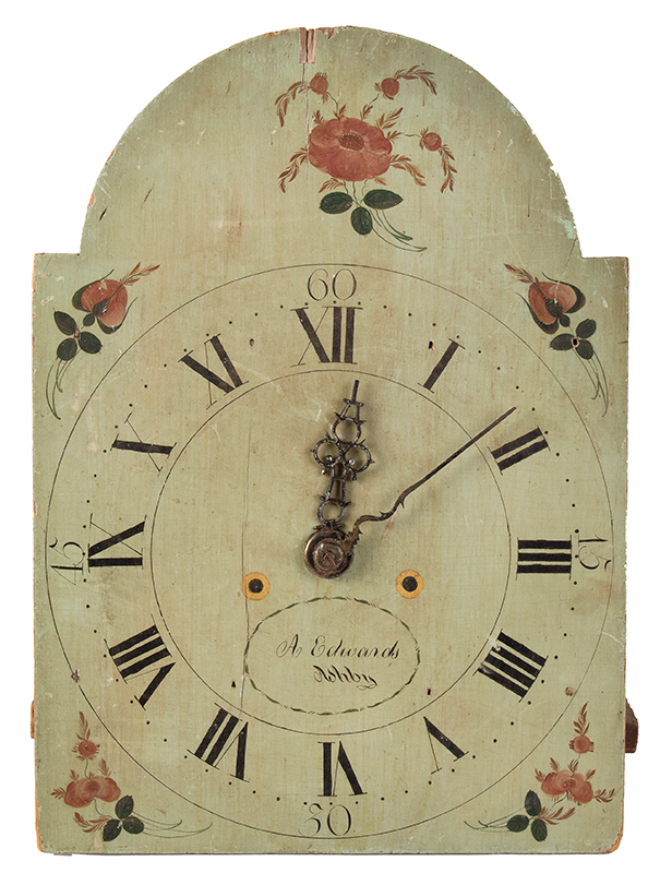 Tall Clock Dial and Movement, A. Edwards, Ashby, Massachusetts 30-hour wooden pulldown movement with strike, face view