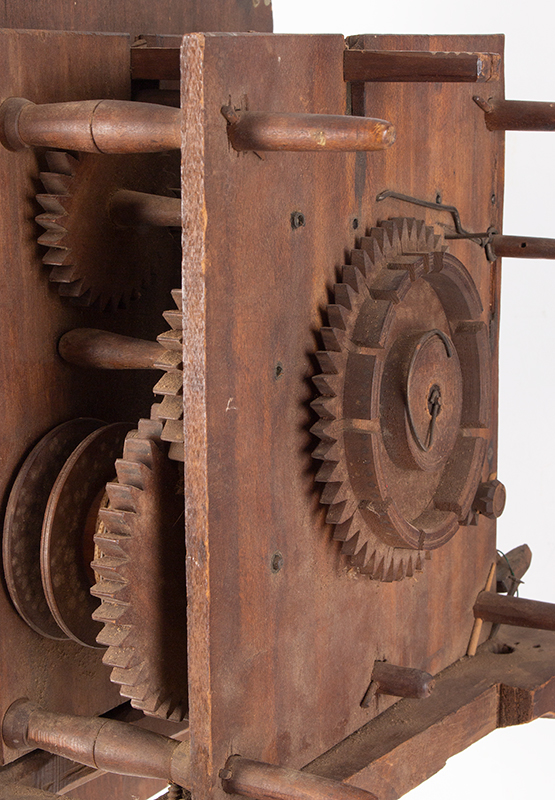 Tall Clock Dial and Movement, A. Edwards, Ashby, Massachusetts 30-hour wooden pulldown movement with strike, detail view