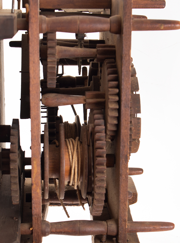 Tall Clock Dial and Movement, A. Edwards, Ashby, Massachusetts 30-hour wooden pulldown movement with strike, detail view 2