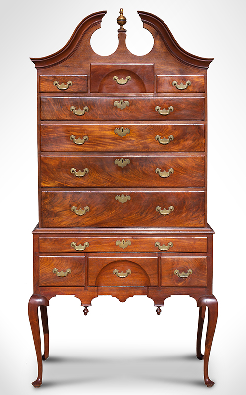 Highboy, Pedimented High Chest, Boston, Best Figured Walnut, Original Brass Color and grain of wood are outstanding…, entire view