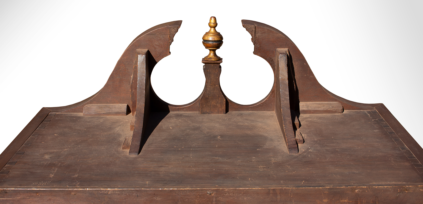 Highboy, Pedimented High Chest, Boston, Best Figured Walnut, Original Brass Color and grain of wood are outstanding…, detail view
