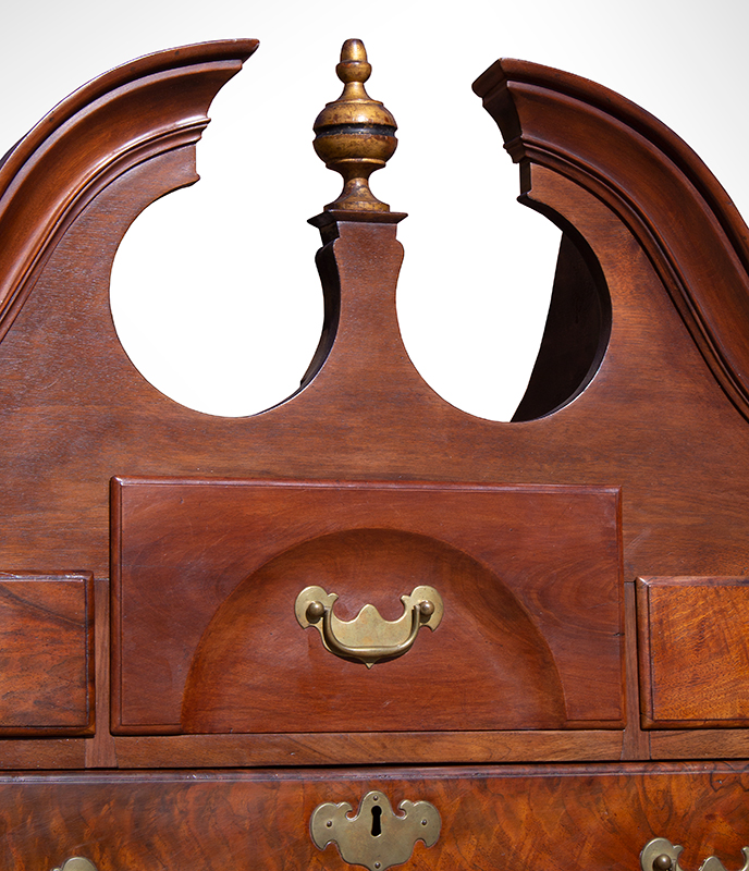 Highboy, Pedimented High Chest, Boston, Best Figured Walnut, Original Brass Color and grain of wood are outstanding…, detail view 2