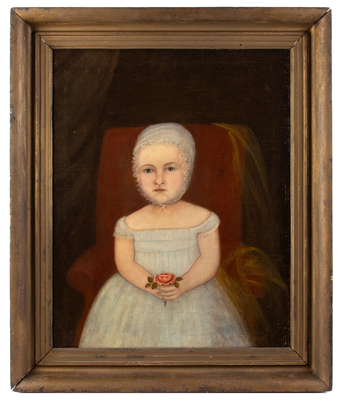 Folk Portrait, Young Child Holding Rose Seated in Upholstered Chair, Image 1