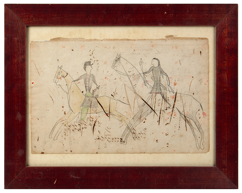 Native American Ledger Drawing, Armed Warrior & Soldier on Horseback, Plains Historical Artistic Document Preserving History, entire view