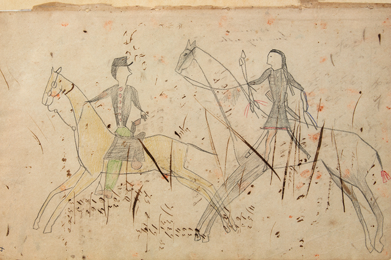 Native American Ledger Drawing, Armed Warrior & Soldier on Horseback, Plains Historical Artistic Document Preserving History, entire view sans frame