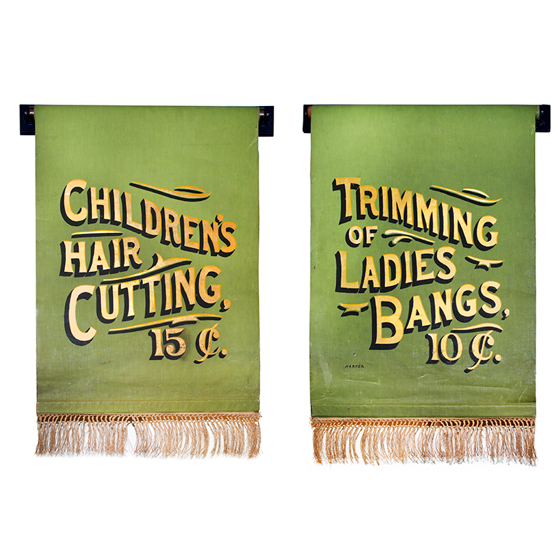 Vintage Trade Signs for Windows, Painted on Canvas, Tassel Trim<br />
, Image 1