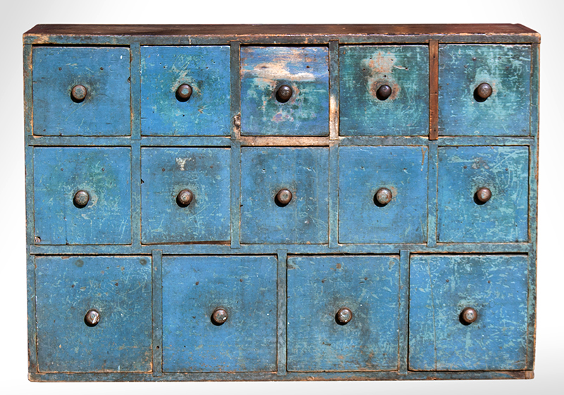 Nineteenth Century Case of 14 Drawers in Old Blue Paint, Apothecary