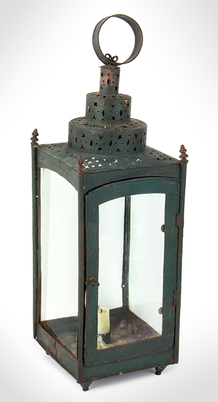 Lantern, Sheet Iron Candle Lamp, Triple Pierced Chimney Vents, Historic Surface