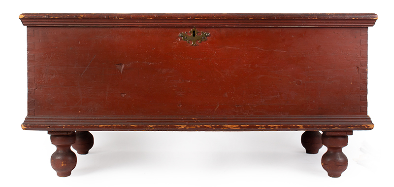 William & Mary Ball Foot Blanket Chest, Robust Moldings, Red Paint, HRV