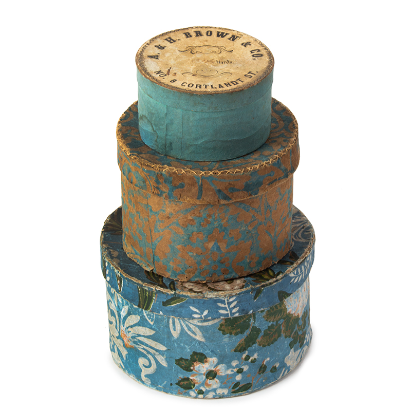 Stack of 3 Bandboxes, Wallpaper Covered and Paper Covered, Blue Palette, Image 1