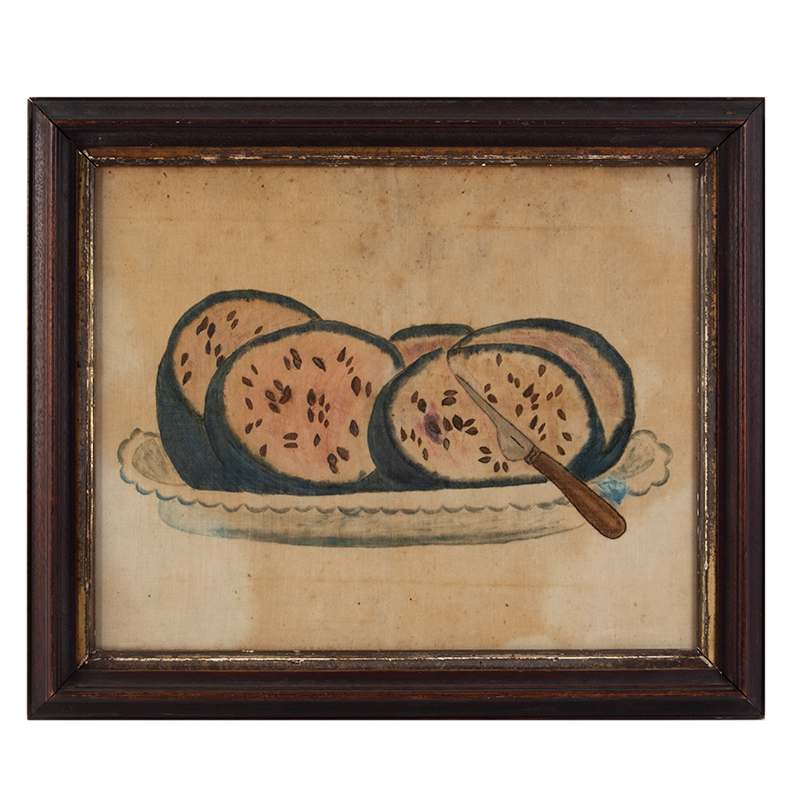 Nineteenth Century Folk Art Still Life Painted on Velvet, Watermelon on Platter, Image 1