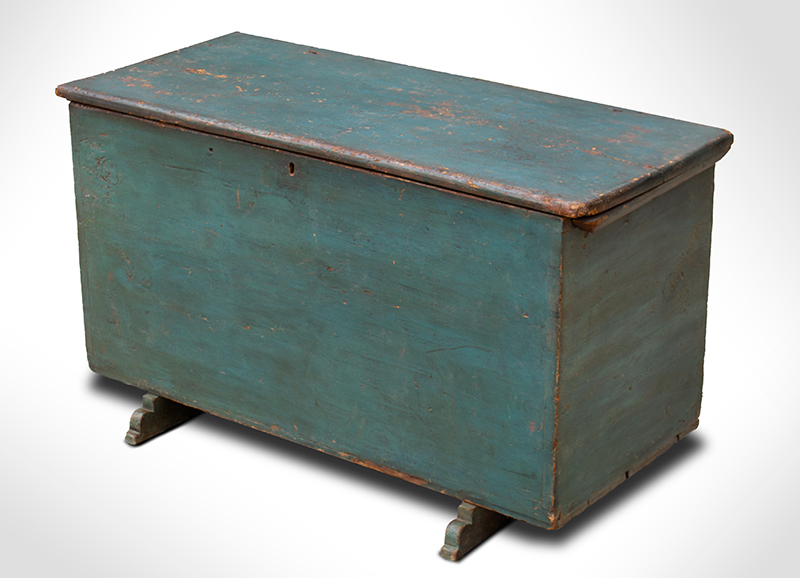 Blanket Chest, Six Board Blanket Box, Shoe Feet, Original Blue Paint Attributed to Pennsylvania or new Jersey, entire view