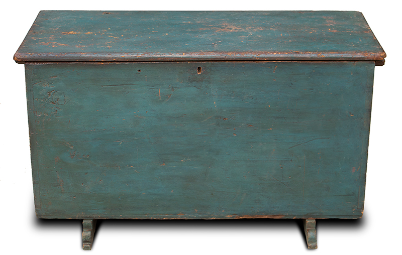 Blanket Chest, Six Board Blanket Box, Shoe Feet, Original Blue Paint Attributed to Pennsylvania or new Jersey, entire view 2