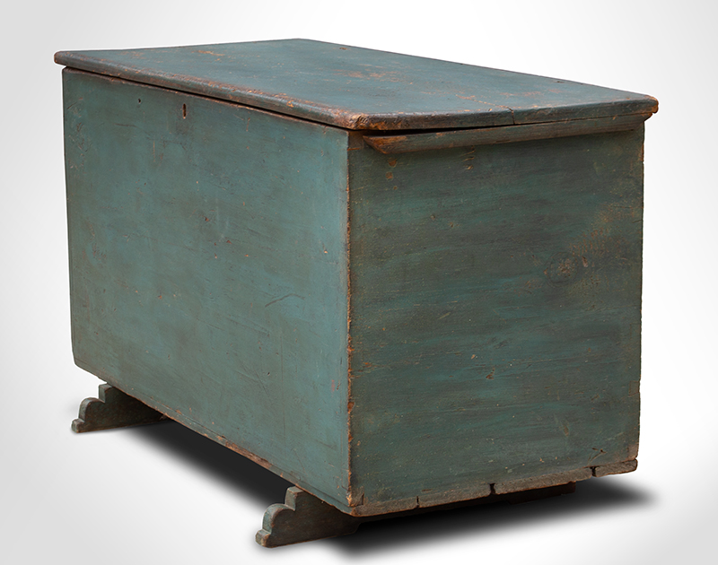 Blanket Chest, Six Board Blanket Box, Shoe Feet, Original Blue Paint Attributed to Pennsylvania or new Jersey, entire view 3