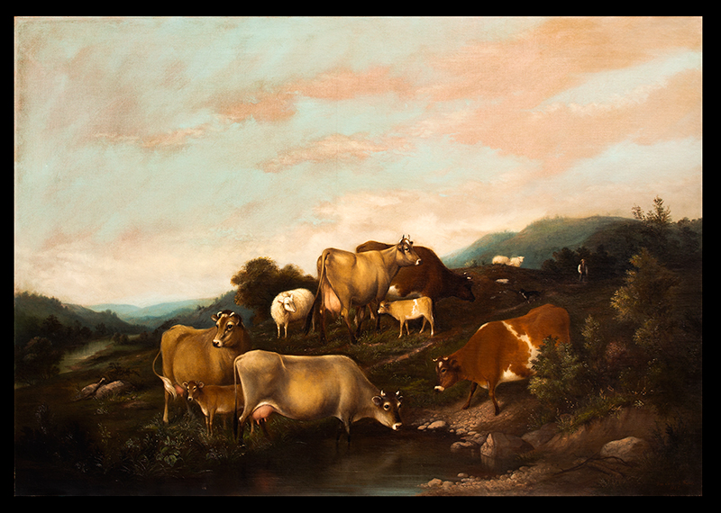 Paintings, Pair, Mrs. Susan M. Waters, Landscapes Featuring Cows and Sheep Both signed, “Mrs. Susan M. Waters”, one dated 1885, entire view painting 1