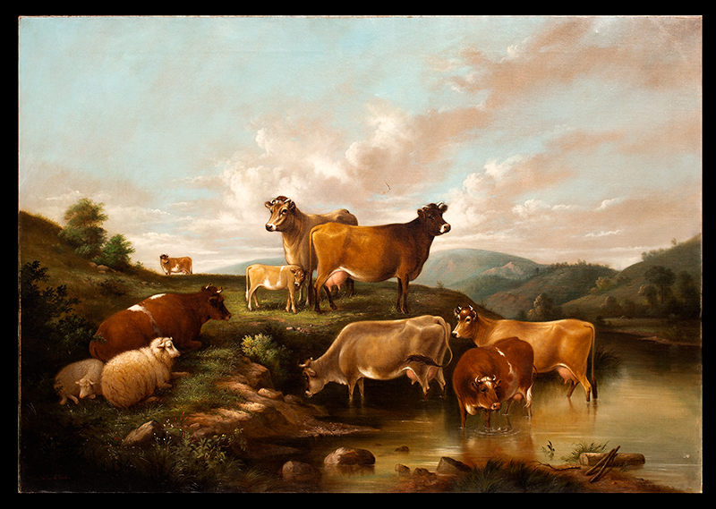 Paintings, Pair, Mrs. Susan M. Waters, Landscapes Featuring Cows and Sheep Both signed, “Mrs. Susan M. Waters”, one dated 1885, entire view painting 2