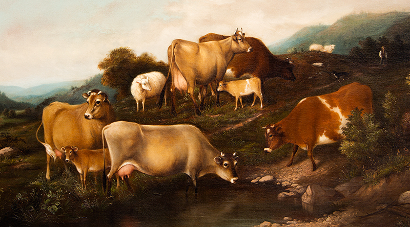 Paintings, Pair, Mrs. Susan M. Waters, Landscapes Featuring Cows and Sheep Both signed, “Mrs. Susan M. Waters”, one dated 1885, detail view painting 1