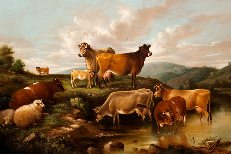 Paintings, Pair, Mrs. Susan M. Waters, Landscapes Featuring Cows and Sheep Both signed, “Mrs. Susan M. Waters”, one dated 1885, detail view painting 2